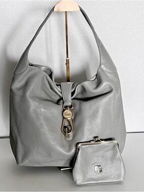 Dooney & Bourke Elephant Gray Pebble Grain Logo Lock Sac Hobo Bag Wallet Set